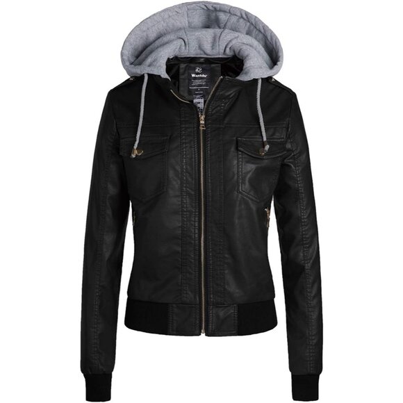 Wantdo Women's Black Motorcycle Short PU Faux Leather Jacket with Removable Hood - Picture 1 of 7
